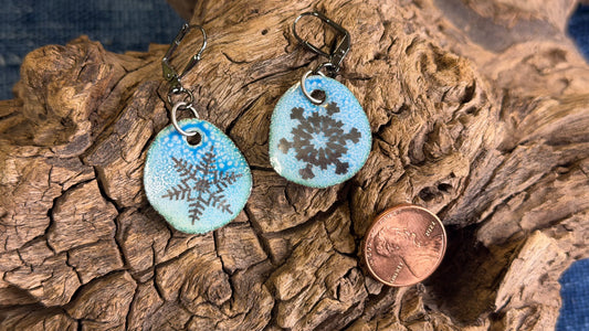Asymmetrical Snowflake Enamel Earrings by Andrew Thornton