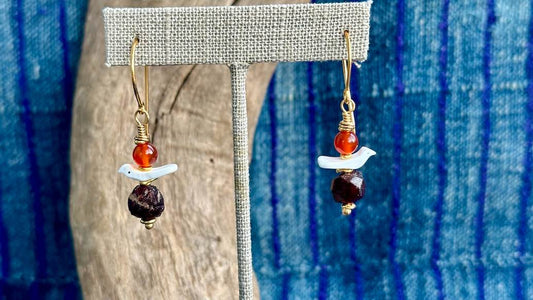 Garnet, Carnelian, and Hand-Carved Shell Earrings by Andrew Thornton
