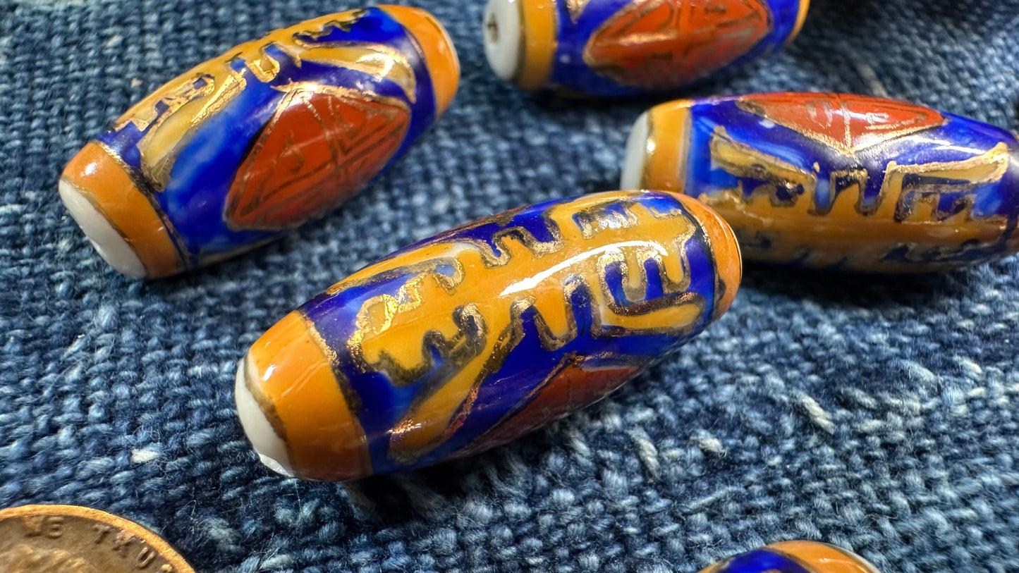 Vintage Chinese Ceramic Bead - Puffy Tube - 12mm x 27mm