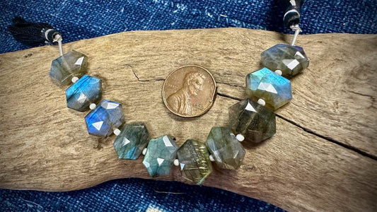 Labradorite Bead Strand - Faceted Elongated Hexagones - 15mm x 10mm - 4.5”