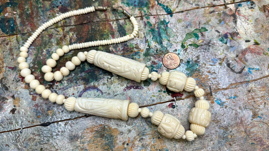 Vintage Carved Bone Necklace - 24"