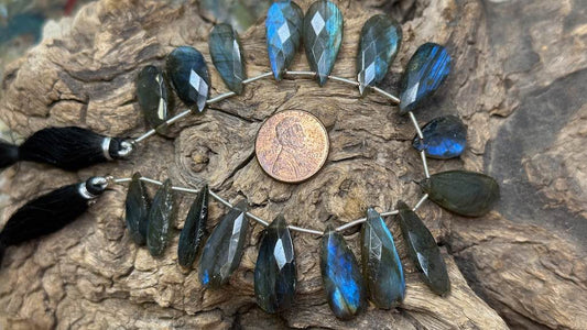 Labradorite Bead Strand - Graduated Faceted Drops - 10mm x 20mm - 12mm x 27mm — 8”