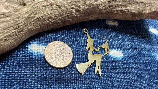 Gold Plated Stainless Steel Charm/Pendant - 39.5mm x 35mm - Witch on Broom with Cat