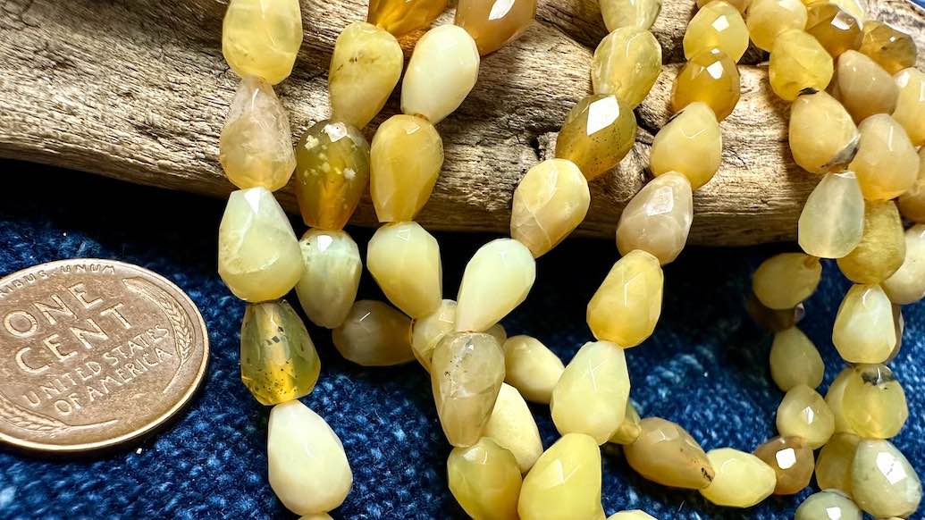 Yellow Opal Bead Strand - Faceted Drops - 8mm x 5mm - 14”