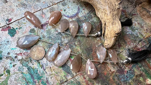 Peach Moonstone Bead Strand - Graduated Faceted Drops - 12mm x 22mm - 15mm x 29mm - 8”