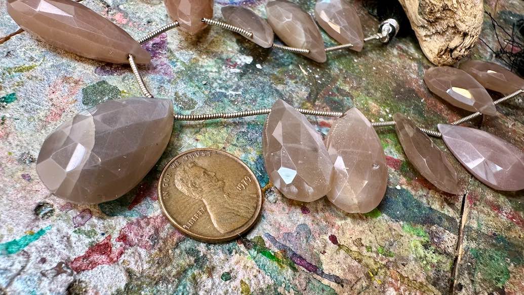 Peach Moonstone Bead Strand - Graduated Faceted Drops - 12mm x 22mm - 15mm x 29mm - 8”