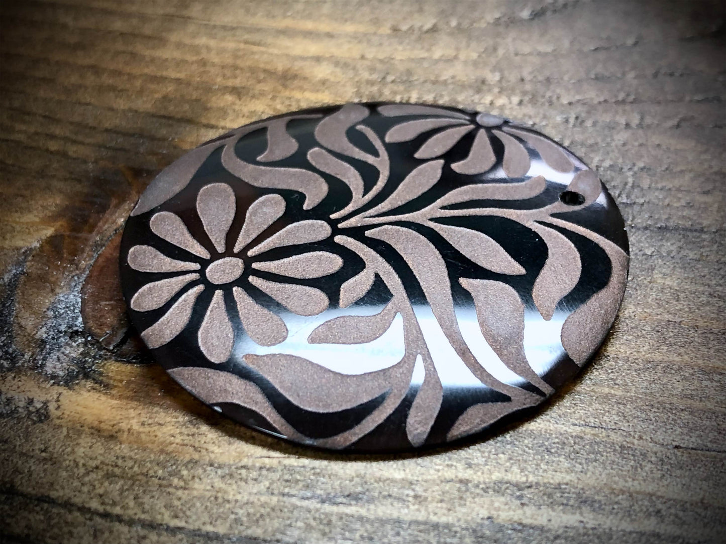Lillypilly Black Slip Shell Laser Engraved Pendant - Brown