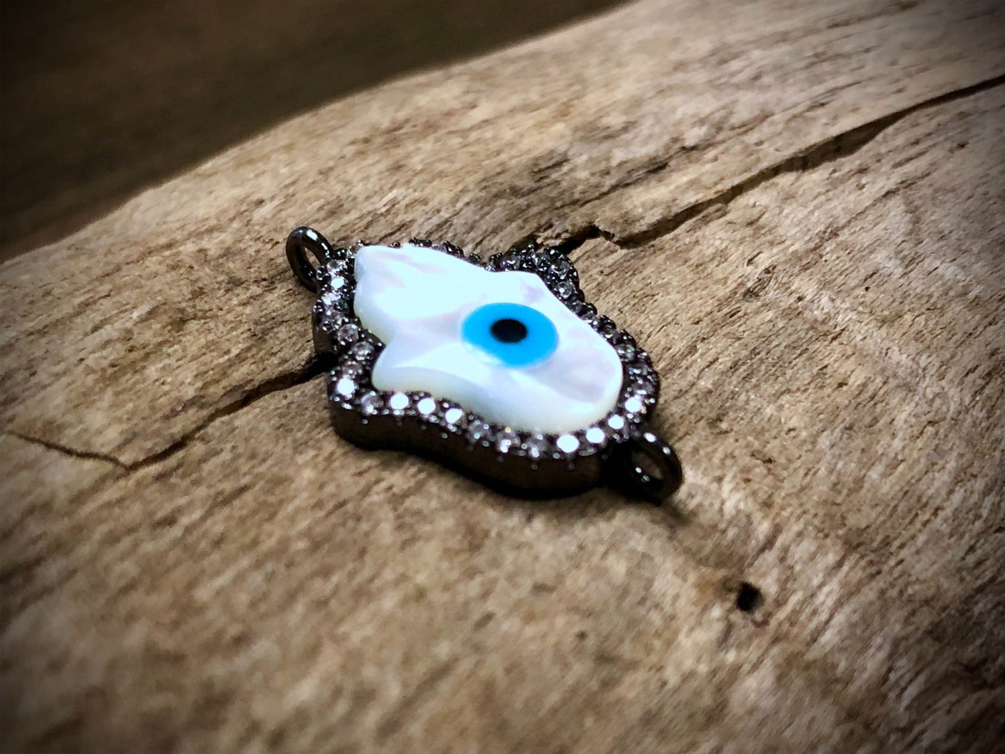 Mother of Pearl & Rhinestone Evil Eye Hamsa Hand Connector