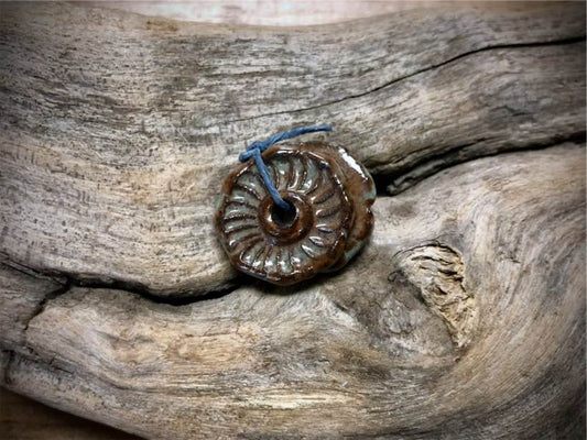 Marsha Neal Studio Ceramic Bead Pair - Sea Green/Brown Wheels