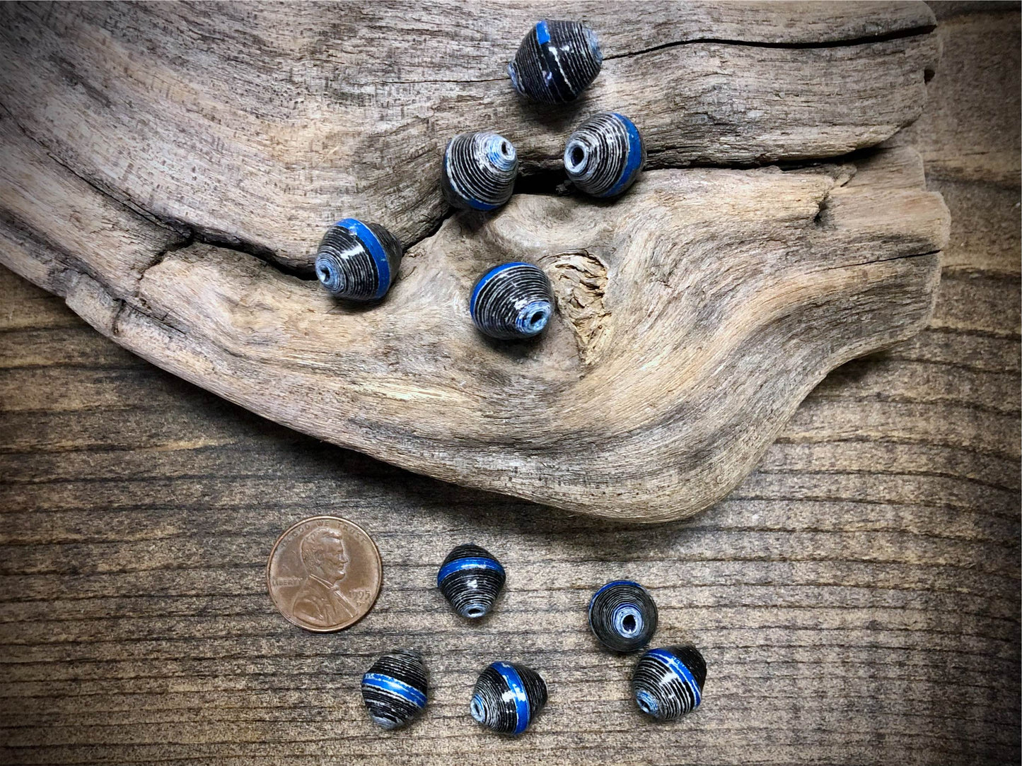 Ugandan Paper Beads - Black with Blue Stripe