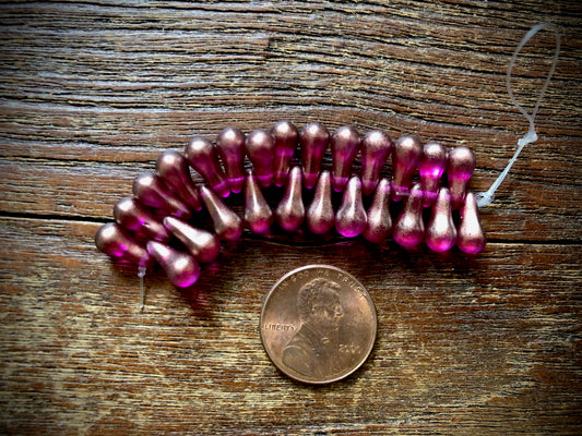 Czech Glass Strand—Drip Beads—Fuchsia Bronze Luster