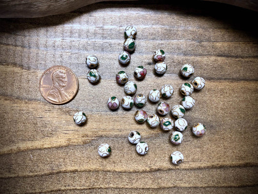 Vintage Cloisonné Floral Bead - White