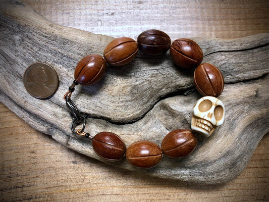 Carved Bone Skull & Bayong Wood Bead Bracelet