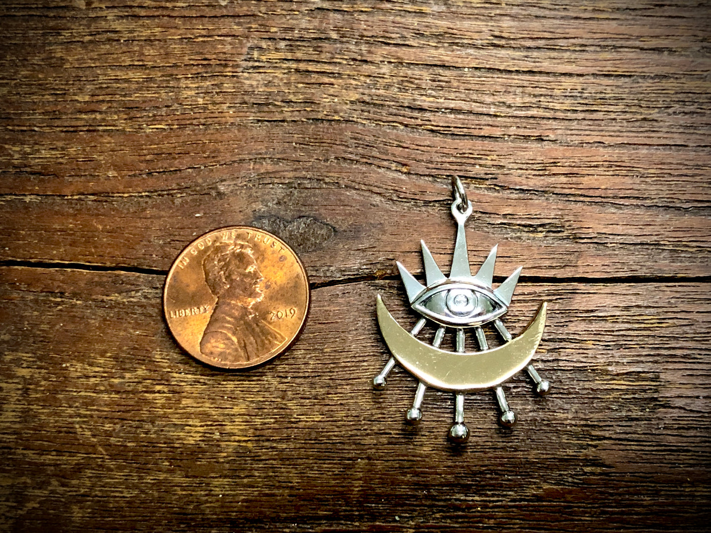 Mixed Metal Stylized Eye Pendant Charm with Bronze Moon