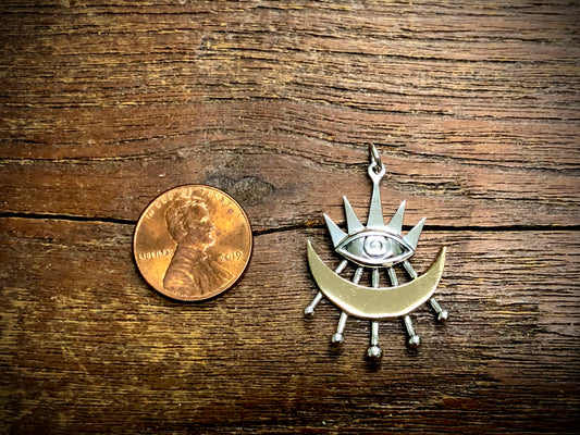 Mixed Metal Stylized Eye Pendant Charm with Bronze Moon
