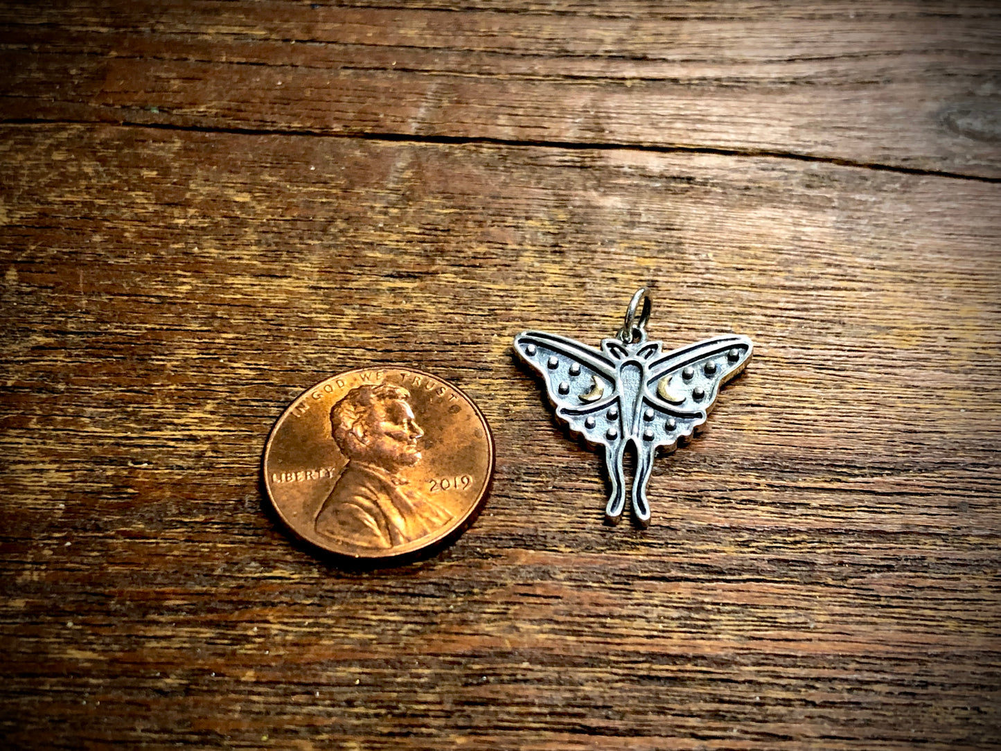 Sterling Silver Luna Moth Charm with Bronze Moons