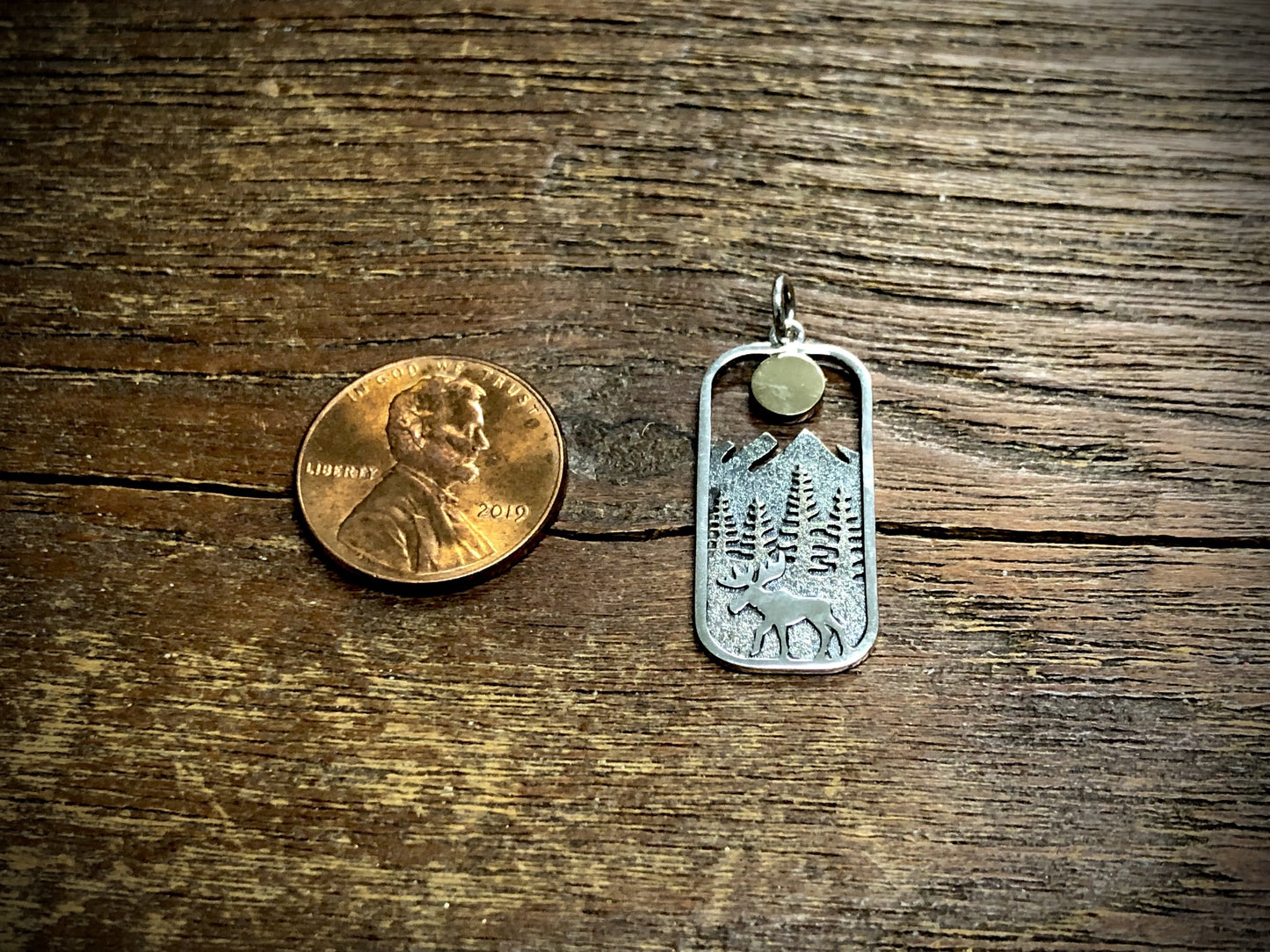 Sterling Silver Moose Pendant Charm with Bronze Sun