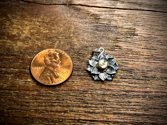 Sterling Silver Lotus Pendant with Bronze Heart Charm