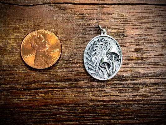 Sterling Silver Etched Fern and Mushroom Pendant Charm
