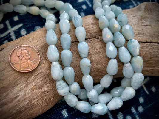 Natural Aquamarine Faceted Long Teardrop Bead Strand - 14mm x 10mm - 15.5"