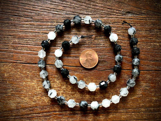 Tourmalinated Quartz Faceted Barrel Bead Strand - 7mm