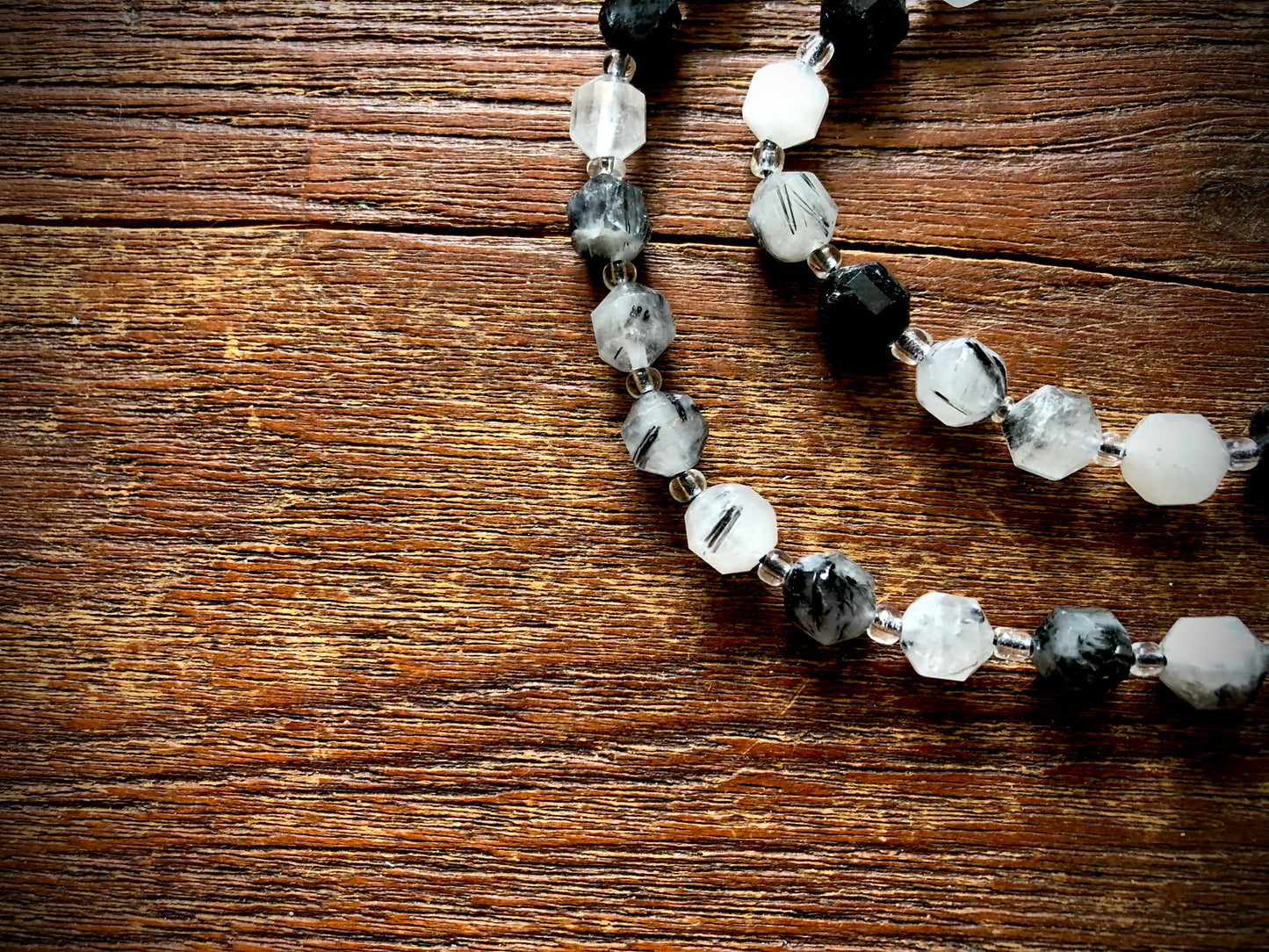 Tourmalinated Quartz Faceted Barrel Bead Strand - 7mm