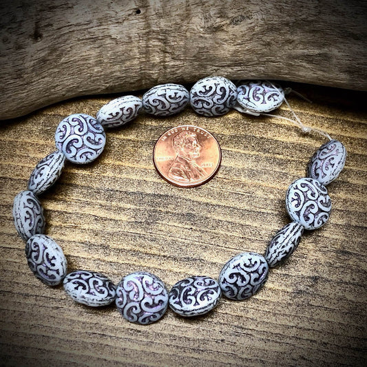 White Opal Purple Metallic Inlayed Button Bead Czech Glass Strand