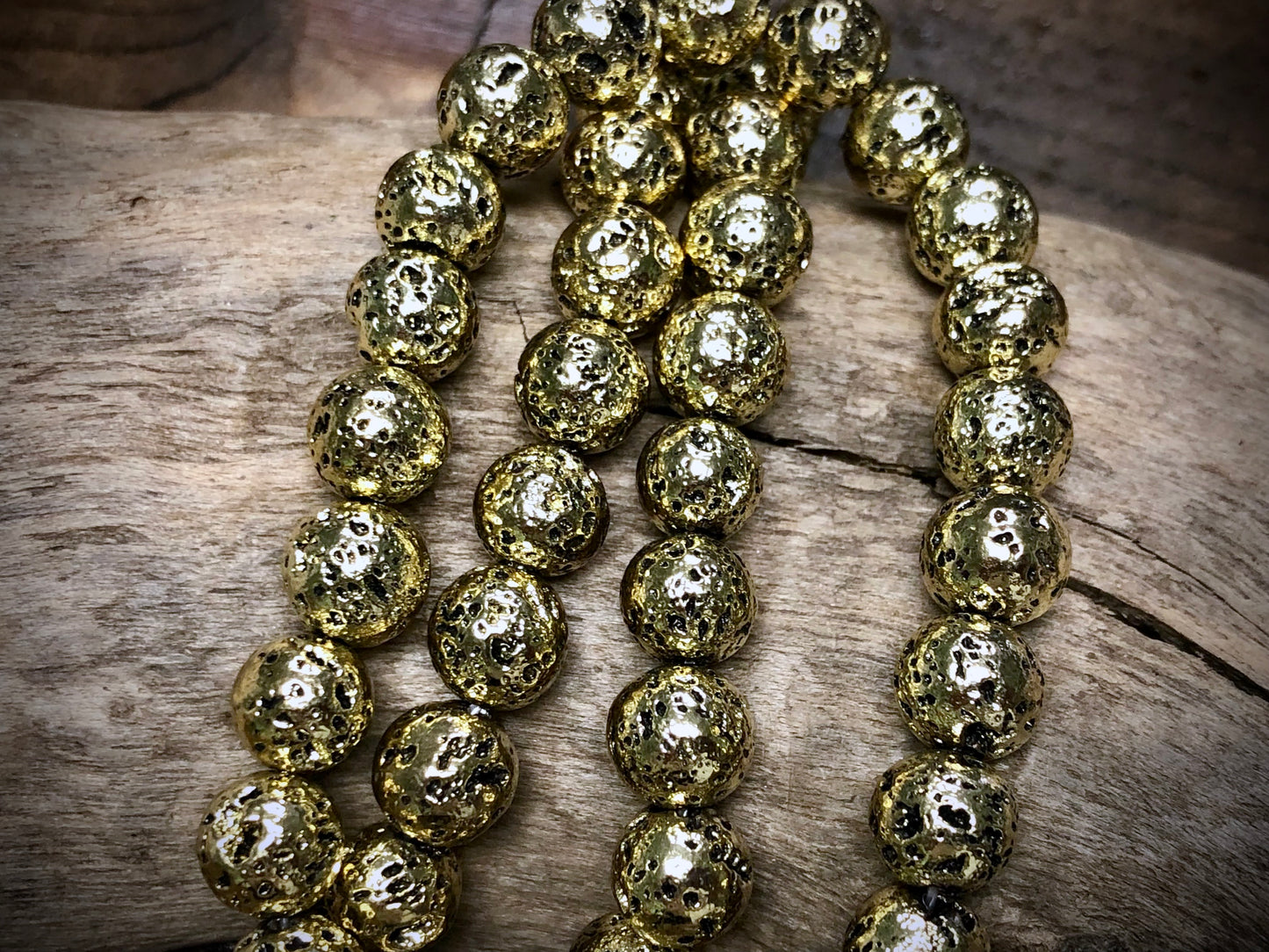 Electro-Coated Lava Bead Strand - Gold - 8mm - 16”