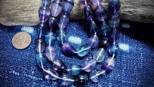 Fluorite Bead Strand - AAA Grade - Smooth Drops - 14mm x 10mm - 16"