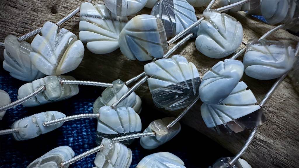 Owyhee Blue Opal Bead Strand - Hand Carved Shells - 15mm x 14mm - 7.5"