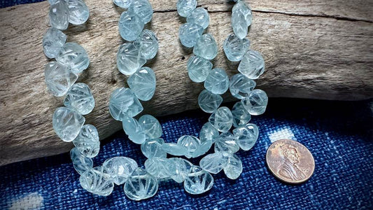 Aquamarine Bead Strand - Hand-Carved Shells - 11mm x 10mm - 8"