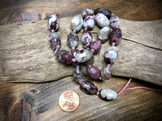 Tourmaline in Quartz Matrix Faceted Barrels Bead Strand - 15mm x 10mm - 15.5”