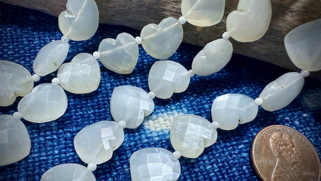Light Grey Moonstone Bead Strand - Faceted Hearts - 12mm - 7"