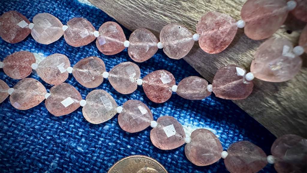 Natural Strawberry Quartz Bead Strand - Faceted Hearts - 10mm - 7.5"