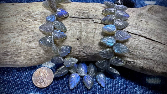 Labradorite Bead Strand - Hand-Carved Leaves - 15mm x 10mm - 7.5"