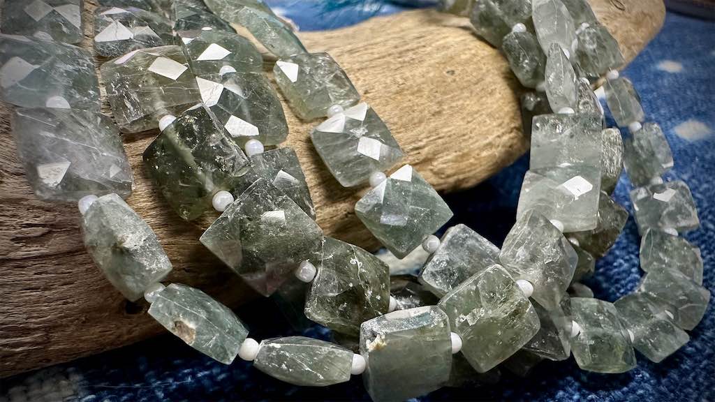 Moss Aquamarine Bead Strand - Faceted Squares - 8mm - 7”