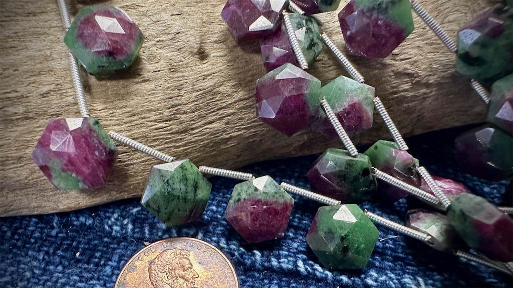 Ruby in Zoisite Bead Strand - Faceted Hexagons - 10mm x 12mm - 5.5”