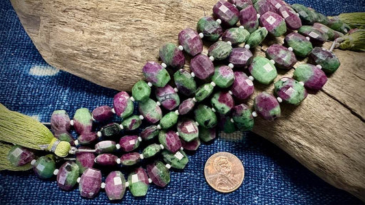 Ruby in Zoisite Bead Strand - Faceted Side-Drilled Lozenge - 12mm x 8mm - 6.5”