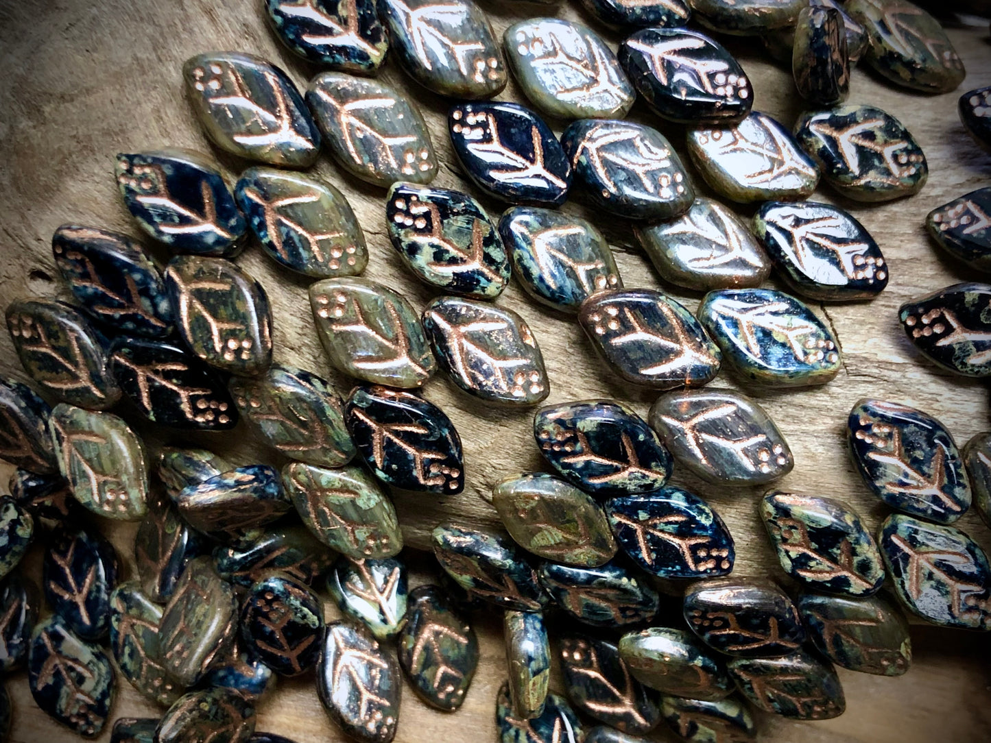 Czech Glass Leaves - Black & Sage Green - Copper Wash - 12mm x 7mm - 7.5"