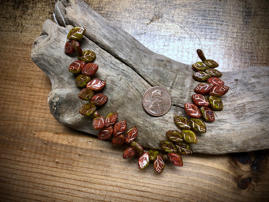 Czech Glass Leaves - Red & Green - Copper Wash - 12mm x 7mm - 7.5"