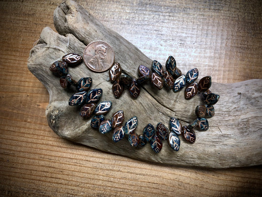 Czech Glass Leaves - Dark Blue & Brown - Copper Wash - 12mm x 7mm - 7.5"