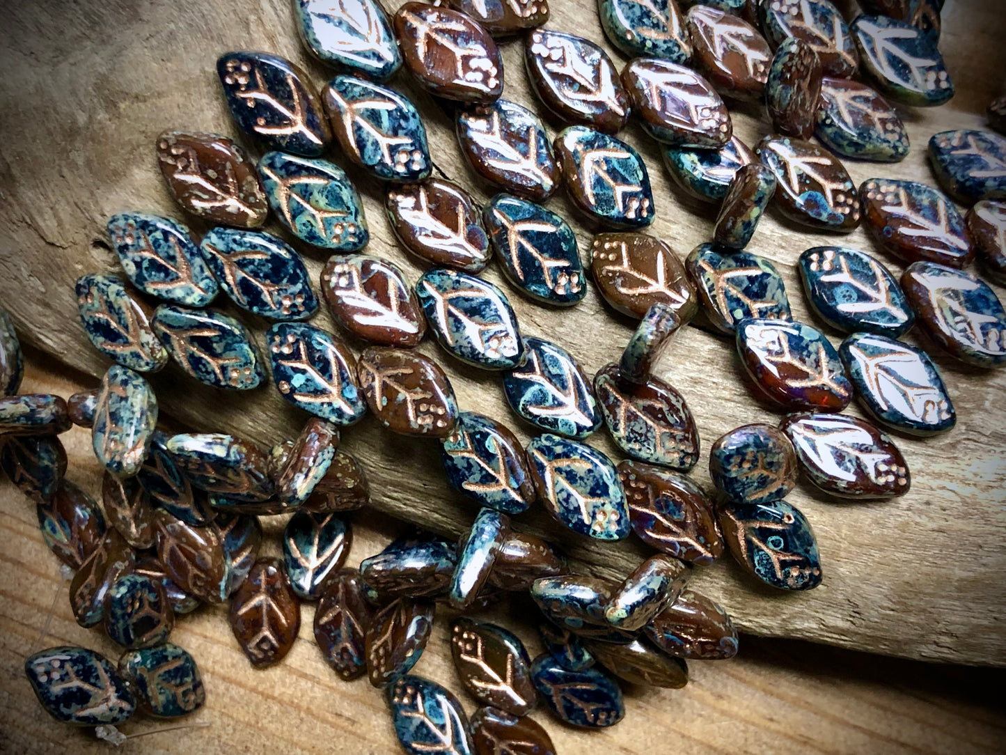 Czech Glass Leaves - Dark Blue & Brown - Copper Wash - 12mm x 7mm - 7.5"