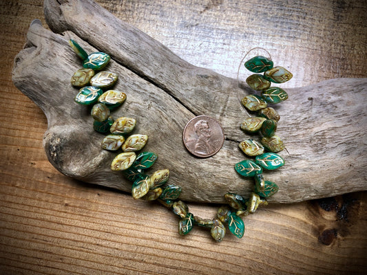 Czech Glass Leaves - Blue-Green & Yellow - Copper Wash - 12mm x 7mm - 7.5"