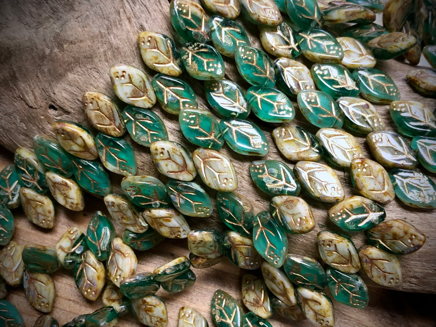 Czech Glass Leaves - Blue-Green & Yellow - Copper Wash - 12mm x 7mm - 7.5"