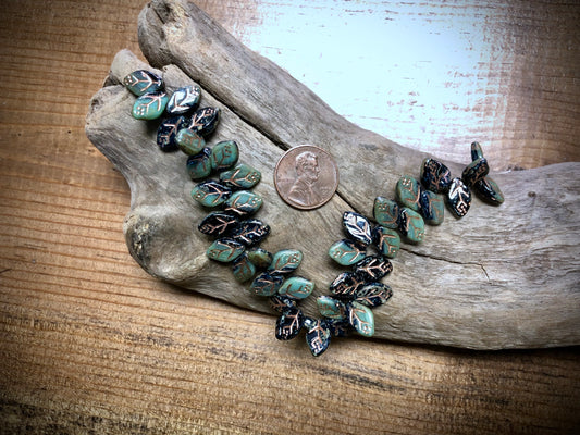 Czech Glass Leaves - Dark Blue & Sage Green - Copper Wash - 12mm x 7mm - 7.5"