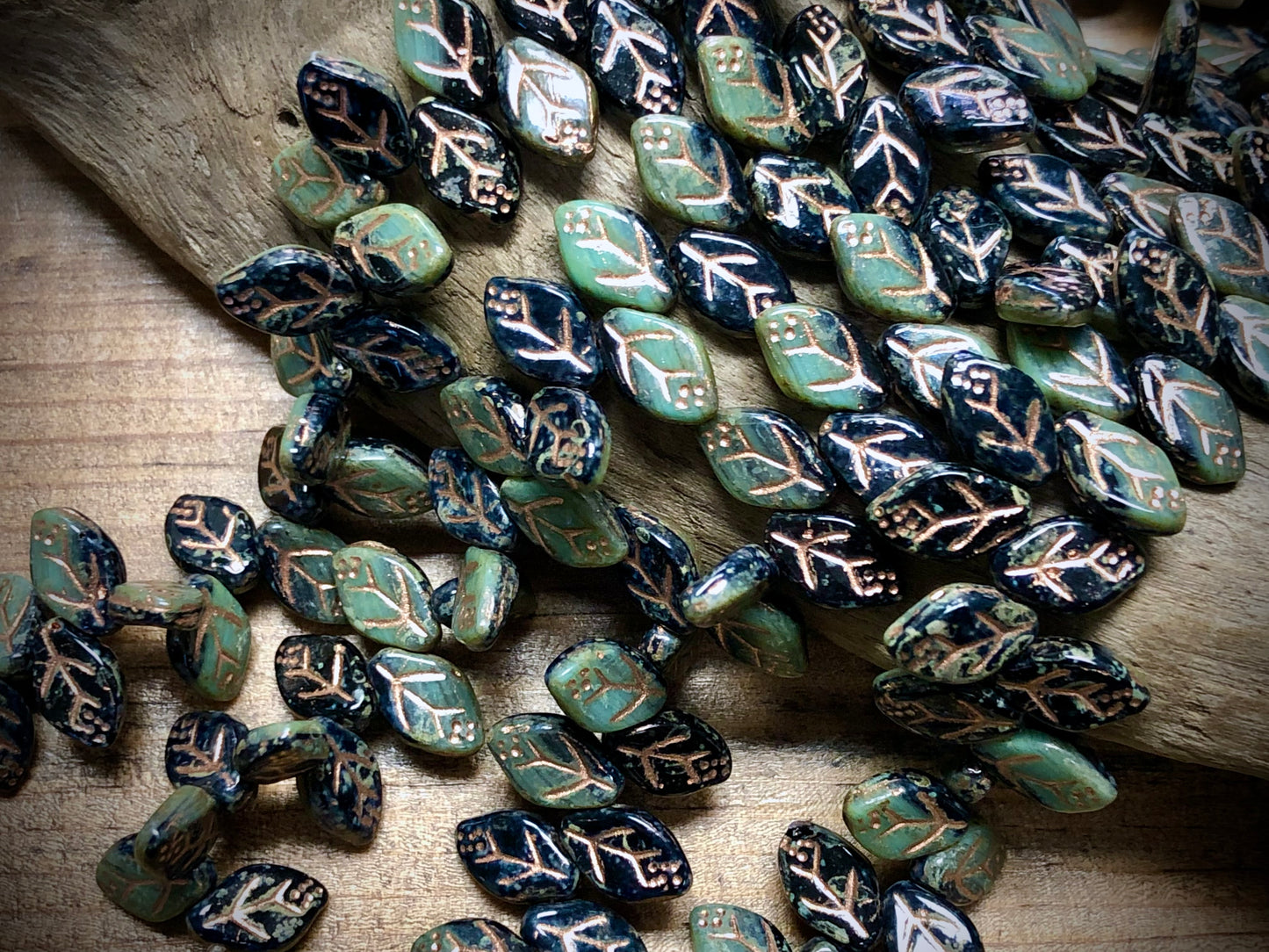 Czech Glass Leaves - Dark Blue & Sage Green - Copper Wash - 12mm x 7mm - 7.5"