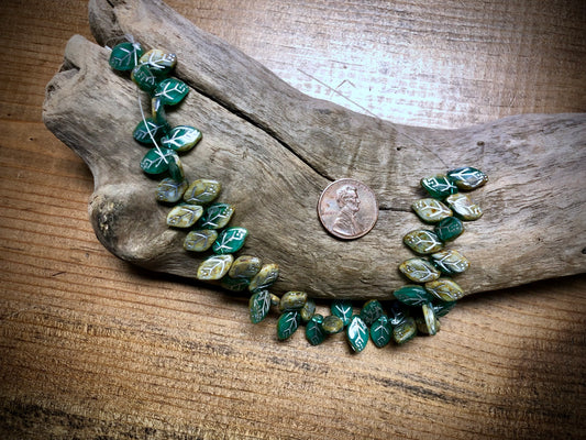 Czech Glass Leaves - Blue-Green & Sage Green - Silver Wash - 12mm x 7mm - 7.5"