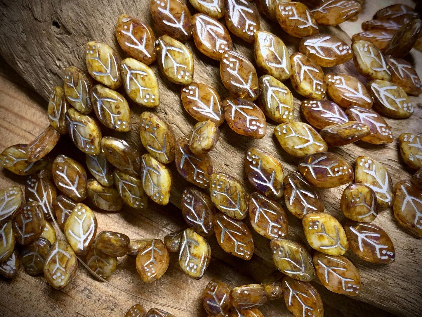 Czech Glass Leaves - Yellow & Brown - Silver Wash - 12mm x 7mm - 7.5"