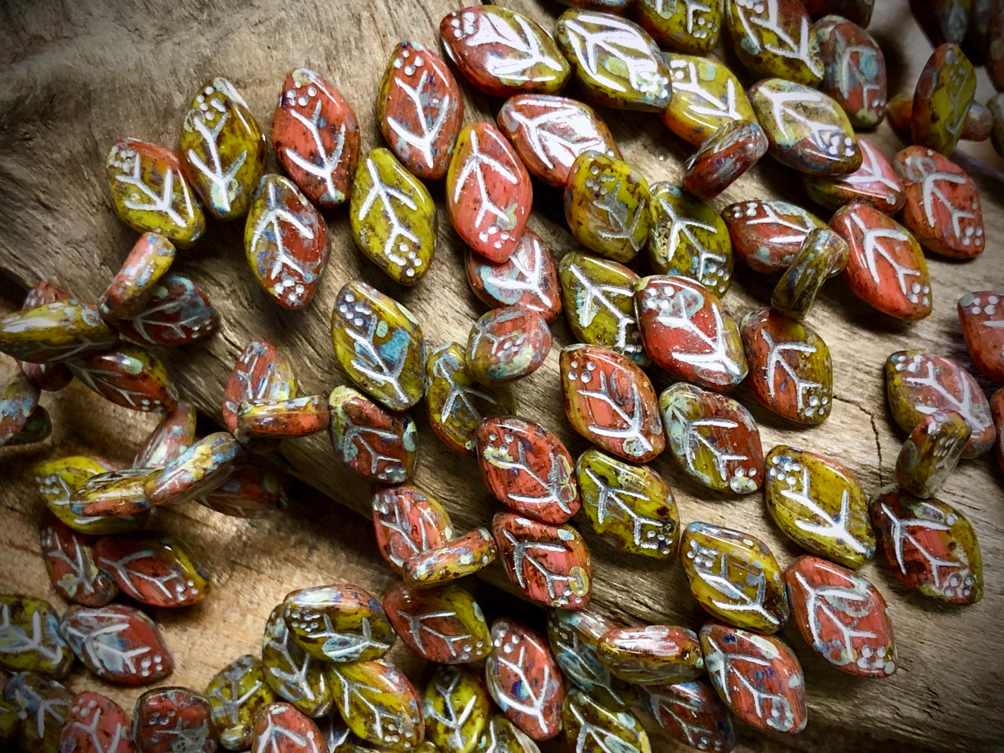 Czech Glass Leaves - Red & Lime Green - Silver Wash - 12mm x 7mm - 7.5"