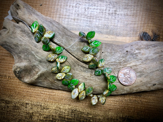 Czech Glass Leaves - Yellow & Lime Green - Silver Wash - 12mm x 7mm - 7.5"